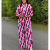 African Fashion Stripe Printed Two Piece Set Women Spring Autumn Casual Button Long Sleeved Shirt Wide Leg Pants Set SHOWLU FASHION STORE