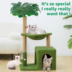 A palm tree-themed cat tower with a green hammock, a cubby house, and a sisal scratching post.