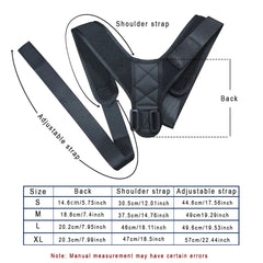 A black posture correction belt with labeled parts and a sizing chart below.