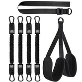 A set of four resistance bands, a waist belt, and a pair of padded hanging straps for pull-ups.