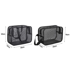 Two rectangular black mesh shower bags with handles, shown with their respective dimensions.