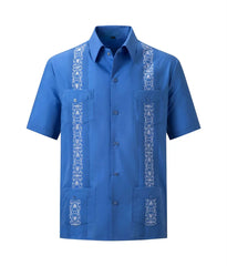 White Men's Guayabera Shirts Fashion Embroidered Short Sleeve Shirts for Men Mexican Cuban Shirts with Four Pockets
