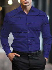 2025 new men's shirts, geometric lines 3D printing long-sleeved men's casual lapel tops, business office large size clothing