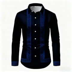 Men's Retro Geometric Print Long-Sleeve Shirt, Stylish Black and White Color-Blocked Slim Fit Shirt, Casual and Versatile Top