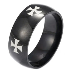 A black titanium steel ring featuring engraved white Christian cross symbols.