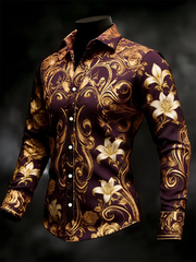 New men's 3D floral printed long sleeved shirt with high-quality patterns, casual long sleeved collar top