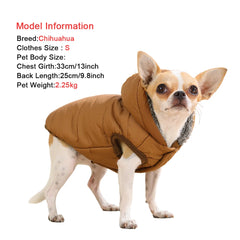 A small Chihuahua wears a coffee-colored, padded fleece-lined dog hoodie.
