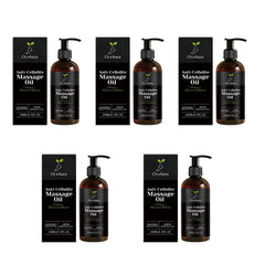Five bottles of OceAura anti-cellulite massage oil with matching boxes on a white background.