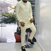 New In African Summer Business Men's Short Sleeve Suit Embroidery Dashiki Shirt Pants Sets 2 Pieces Outfits Wedding Party 2025