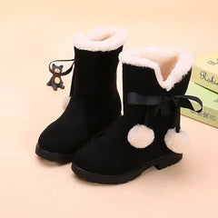 Children's Winter Boots for Girls Princess Medium Big Kids Snow Boots Warm Fur Bowtie with Hairball Cute Sweet Plush Suede Boots SHOWLU FASHION STORE