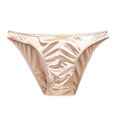 A pair of men's khaki satin bikini briefs with a silky finish and gathered front center seam.
