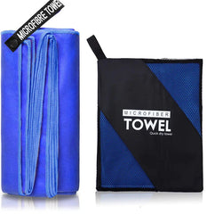 A blue microfiber sports towel shown folded next to its black and blue mesh carrying pouch.