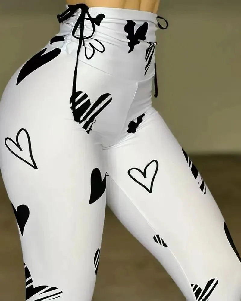 Daily Women Fashion Tights Pants Summer New Casual Heart Drawstring Printed Yoga Exercise Hip Lifting Leggings Women's Versatile SHOWLU FASHION STORE