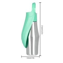 A stainless steel pet water bottle with a mint green foldable bowl attachment and dimensions.