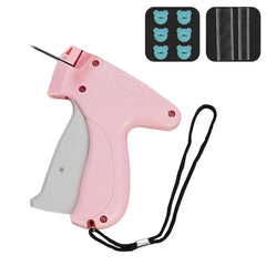 A pink handheld clothing fixer tool with a needle, bear-shaped buckles, and fastener clips.