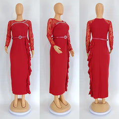 A red long-sleeved midi dress with lace sleeves, a belted waist, and a ruffled side detail.