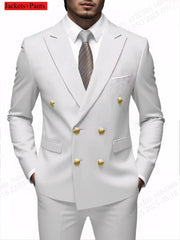 Men Double Breasted Suit Black Slim Fit High Quality Wedding Costume Party Prom Gold Button Male Suits