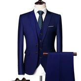 A three-piece royal blue slim-fit suit set featuring a jacket, vest, and matching trousers.