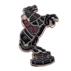 A black and gold enamel lapel pin featuring a figure riding a rearing horse on a pedestal.