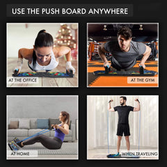 A foldable push-up board set with handles and resistance bands for versatile strength training.