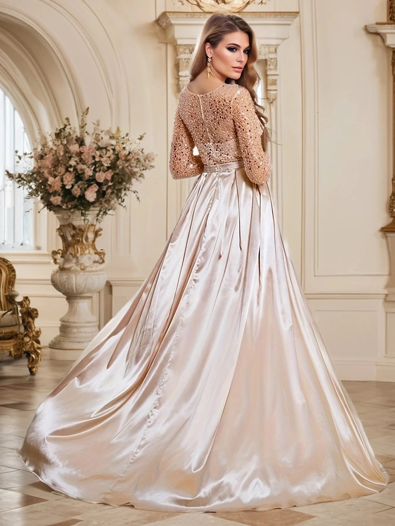 Modest O Neck Sheer Long Sleeves Evening Formal Dress Sequined Elegant Detachable Train Mermaid Women Wedding Party Dresses SHOWLU FASHION STORE