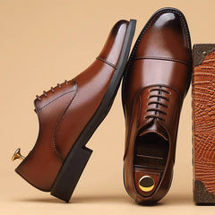 Mens Black Genuine Leather Cap Toe Lace Up Formal Business Office Groom Wedding Daily Wear Dress Shoes British Style Fashion