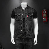 A black denim vest for men featuring a stand collar, button front, and two chest pockets.