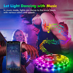 A coiled LED light strip glows in multiple colors next to a smartphone displaying a music app.