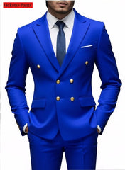 Men Double Breasted Suit Black Slim Fit High Quality Wedding Costume Party Prom Gold Button Male Suits