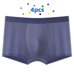 A pair of blue men's boxer briefs featuring a breathable mesh fabric design.