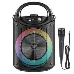 A portable black Bluetooth speaker with a circular LED light and an included wired microphone.