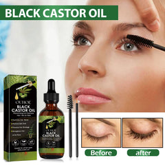 A bottle of OUHOE black castor oil with applicators and a before and after image of eyelashes.