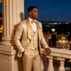 Elegant Champagne Jacquard 3-Piece Men's Tuxedo Formal Business Blazer with Shawl Lapel Wedding Groom Jacket Vest Pants Set