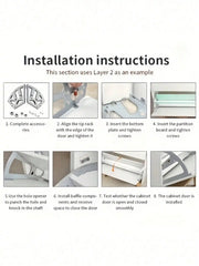 Stainless steel double-layer rotating shoe cabinet hinges with eight-step installation guide.