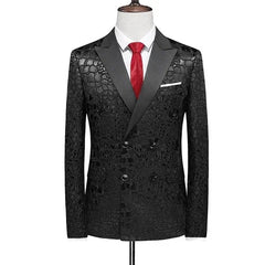 A black double-breasted men's suit jacket with a textured pattern and a red tie.