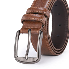 A brown leather belt for men featuring a dark metallic pin buckle and stitched edges.
