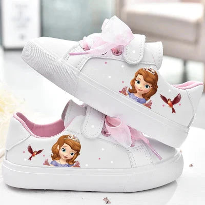 Disney Girls Frozen Princess White PU Leather Bow White Casual Shoes Non-slip Soft Bottom Sports Casual Shoes For Girl Size 23-3 SHOWLU FASHION STORE