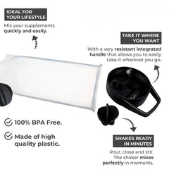A clear plastic shaker bottle with a black lid, handle, and internal mixing whisk.