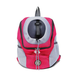 A pink and grey breathable mesh pet backpack carrier with an adjustable front opening.