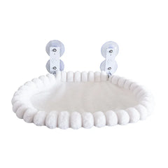A white plush cat window hammock with two suction cup mounts on a white background.