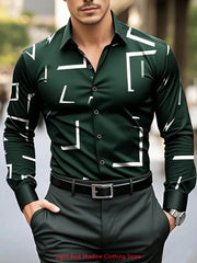 Men's fashionable business casual long sleeved lapel shirt with irregular lines and comfortable printed men's street shirt