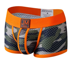 JOCKMAIL men's camouflage mesh boxer briefs with an orange waistband and front pouch.