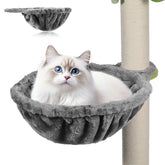 A fluffy dark grey cat hammock attached to a scratching post with a white cat resting inside.