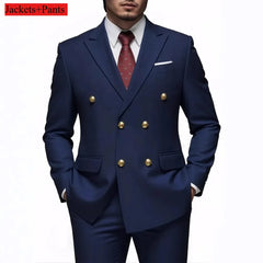 Men Double Breasted Suit Black Slim Fit High Quality Wedding Costume Party Prom Gold Button Male Suits
