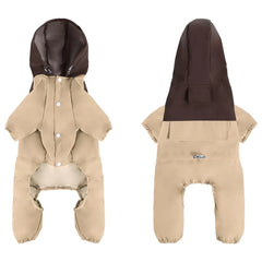 A tan and brown four-legged dog raincoat with a hood and snap-button closure.