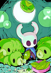 A vertical canvas print featuring the Hollow Knight character surrounded by green caterpillars.