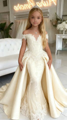 Customized flower girl dress by Showlu Fashion Store, off-shoulder mermaid style with floor length for wedding or special occasions.