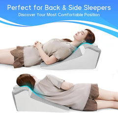 A woman demonstrates using an ergonomic memory foam wedge pillow for back and side sleeping.
