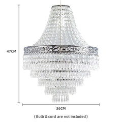 A tiered acrylic chandelier lamp shade with hanging droplets measuring 47cm high and 36cm wide.
