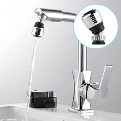 A chrome 360-degree rotary faucet nozzle with an anti-splash filter attached to a kitchen tap.